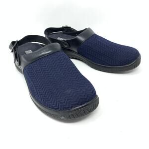 DREW Women's Sz 10 Narrow Savannah Blue Wavy Stretch Fabric Black Leather Clogs